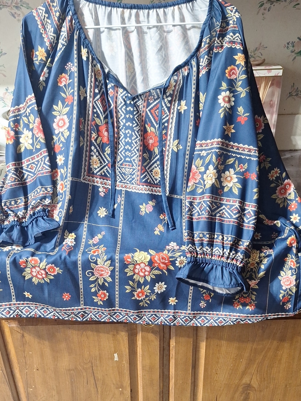 Boho Floral Peasant Blouse in Navy